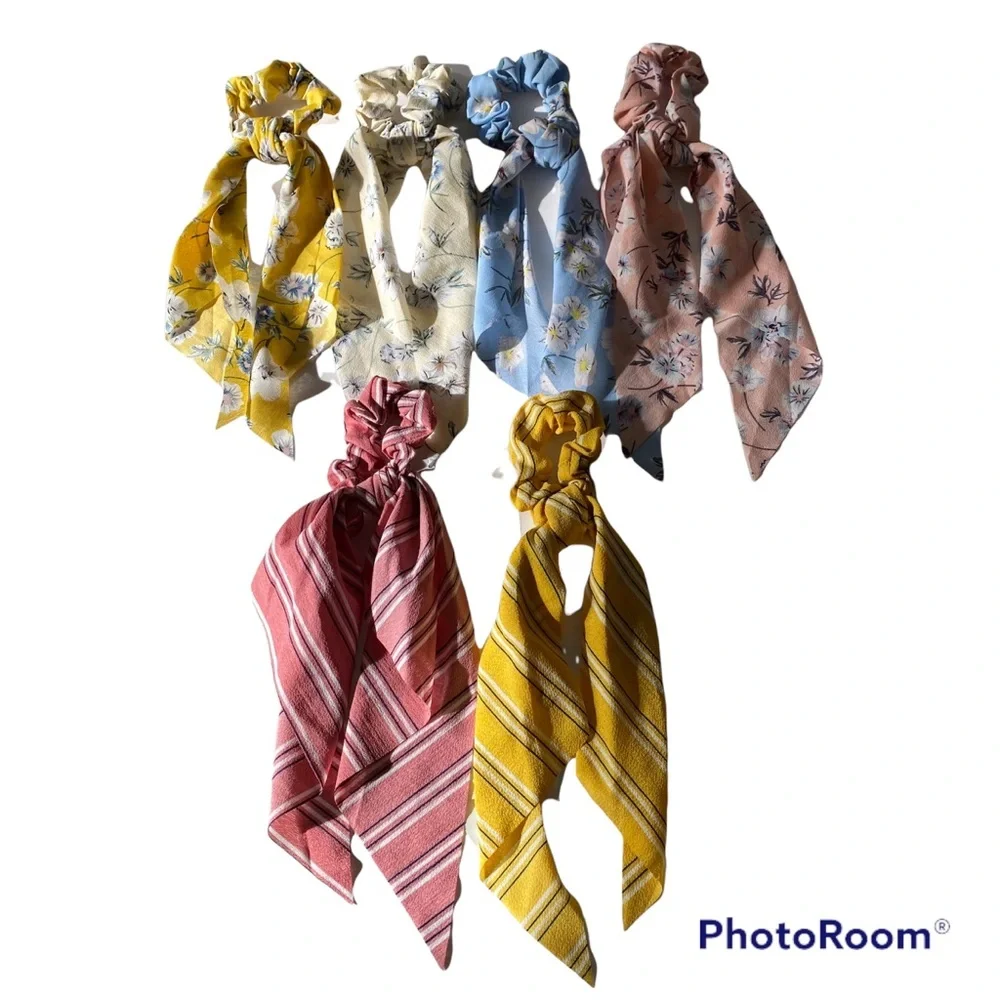 Bundle of Floral and Stripe Hair Scrunchie Scarves Set of 6
